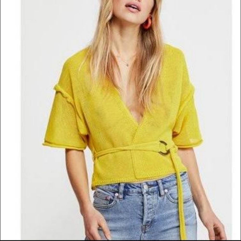 Free People Yellow Oh Hello Tie Waist Crop Cardigan Size XS